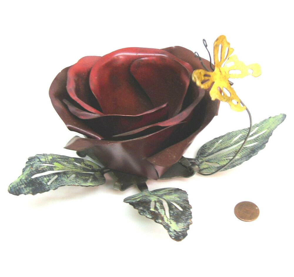 Vtg Metal Candle Holder 5" Red Rose Flower Votive Tealight Decor Brass Butterfly